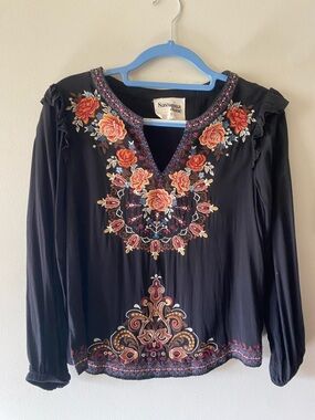 Savannah Jane Embroidered Black Blouse with Floral Detail